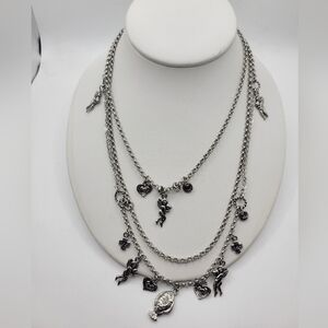 NWT Cookie Lee Multi Strand Layered Silver tone Cherub heart charm long necklace
